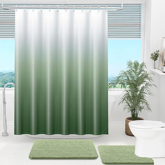 OLANLY Luxury Sage Green and White Ombre Shower Curtain Sets with 12 Hooks, Waterproof and Washable Decorative Shower Curtains for Bathroom, 72x72 Inches