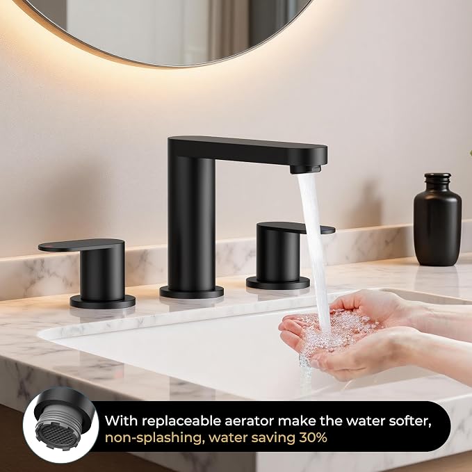 QFN Bathroom Faucet 3 Hole 8 Inch Widespread Vanity Sink Faucet Matte Black | 304 Stainless Steel Bathroom Sink Faucet with Pop-up Drain, 6-12 Inch 3 Hole Install, for RV Laundry Farmhouse Restroom Sink