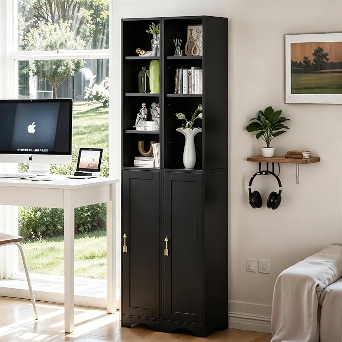 VECELO 71" Tall Narrow Storage Cabinet, Bathroom Storage Slim Freestanding Cabinet with Door & 6 Adjustable Shelves, Anti-Tip Design for Small Space, Kitchen, Living Room, Black