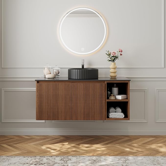 36" Modern Floating Bathroom Vanity with Single Sink - Wall Mounted Storage Bathroom Cabinet with Black Sintered Stone Countertop| Large Storage Space & Open Shelves, Dark Wood