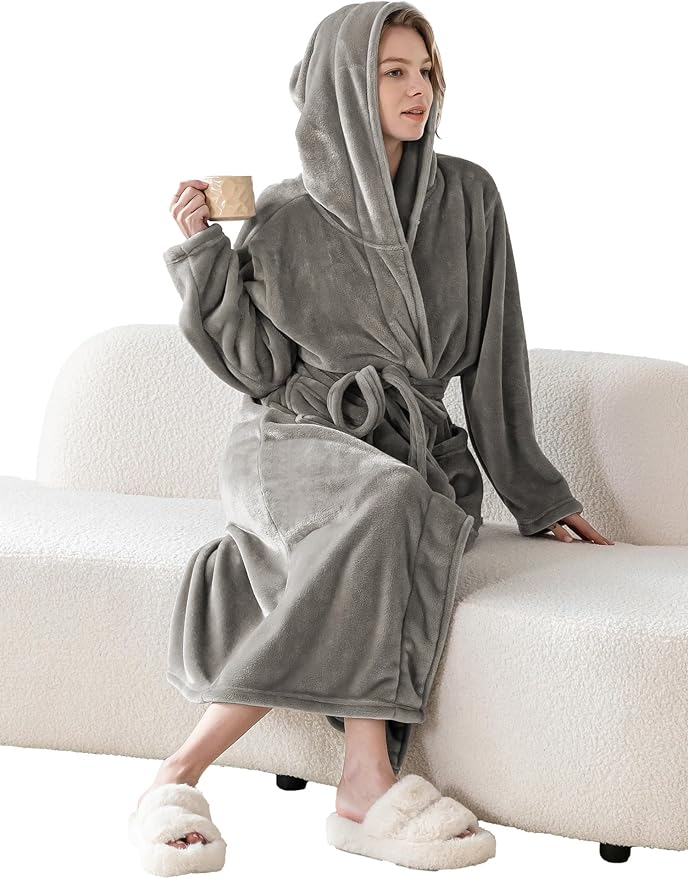 Robes for Women - Hooded Plush Fleece Bathrobe with Sash & Pockets, Full-Length Lightweight Spa Robe
