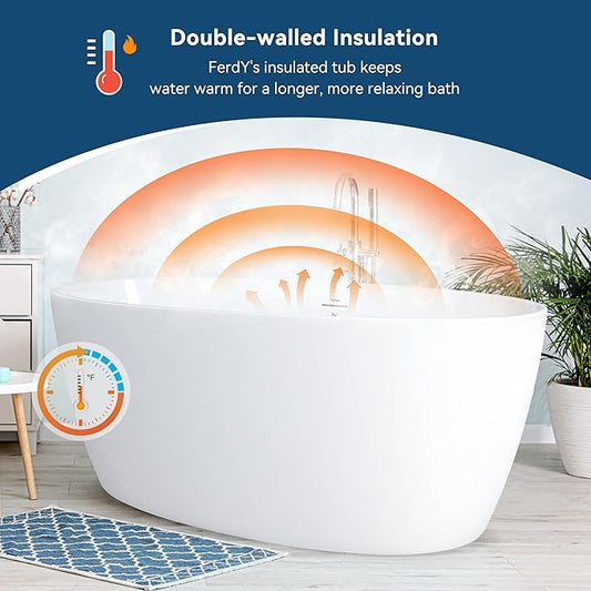 FerdY Tahiti 59" Acrylic Freestanding Bathtub, Elegant Oval Shape Bathtub, Glossy White, Brushed Nickel Drain & Integrated Slotted Overflow Assembly Included cUPC Certified, 02119