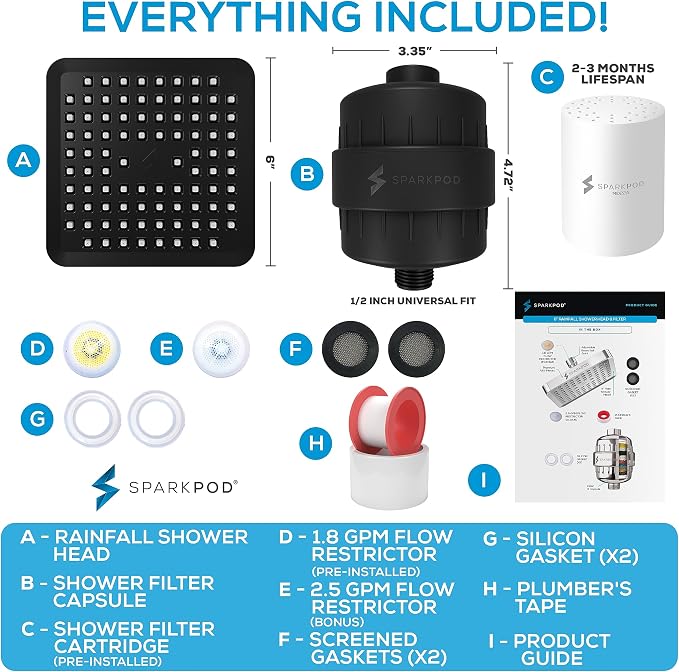 SparkPod Filtered Shower Head, 23-Stage, 6" Square, Black Matte | Showerhead for Hard Water, High Pressure, Reduces Chlorine, Heavy Metals, For Dry Skin & Hair, Removable Capsule Filter