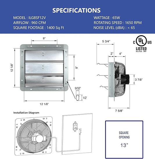 iLiving 12-Inch Wall Mounted Exhaust Fan with Variable Speed, 960 CFM, 1400 SQF Coverage Area, Silver