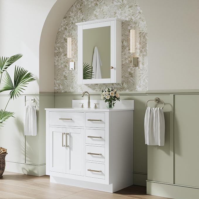 36-Inch Bathroom Vanity with Sink W/ 2 Doors & 4 Drawers & 1 Flip Drawer, White Vanity W/Brushed Nickel Handles