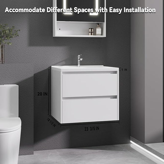White Floating Bathroom Vanity with Sink, 23x18 Inch Wall Mounted Bathroom Cabinet with 2 Drawers, Modern Single Sink Vanity for Small Bathroom, Space-Saving Storage Cabinet