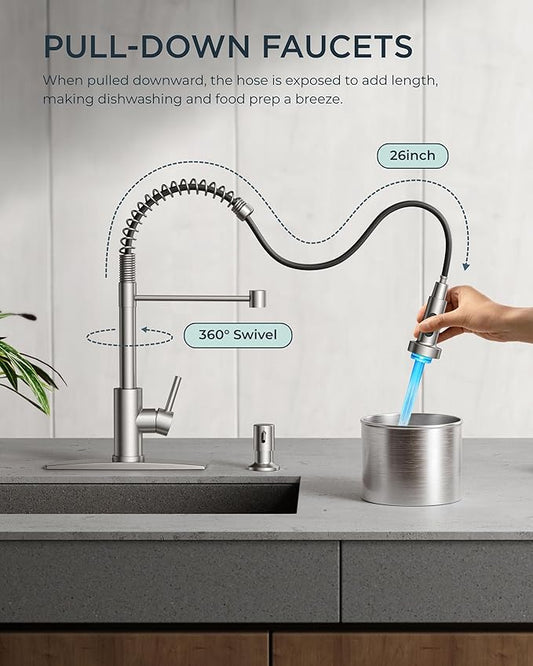 FORIOUS LED Kitchen Faucet with Pull Down Sprayer, Brushed Nickel Modern Single Handle Stainless Steel Commercial Spring Sink Faucet with LED Light for Pot Filler, Farmhouse Camper Bar Laundry Room