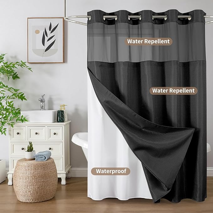 Colorful Star Black No Hook Waffle Shower Curtain with Liner, 72 x 87 Inch | Heavy Duty Thick Shower Curtain Sets with Snap in Fabric Liner and Mesh Top Window, Hotel Style Waterproof Bathroom Curtain