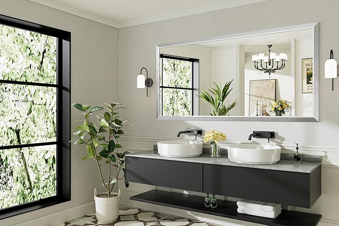 Bathroom Wall Mirror, Silver Brushed Nickel Metal Frame, 72x36 Inch | Anti-rust, HD tempered glass, for bathroom vanity, bedroom, living room, horizontal or vertical mount