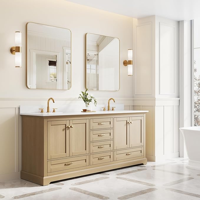 WELLFOR 80" Bathroom Vanity with Double Sinks, Bathroom Freestanding Vanity W/4 Soft-Close Doors and 6 Drawers, Large Storage Space Vanity, Cultured Marble Countertop (Oak)