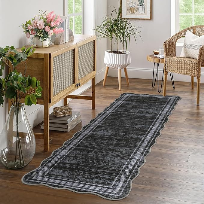 GarveeHome Washable Runner Rug 2x6 Kitchen Hallway Scalloped Rugs, Non Skid Stain-Resistant Solid Bordered Rug Soft Scalloped Entryway Carpet Runner for Bathroom Laundry Room Bedside(Black,2x6 ft)