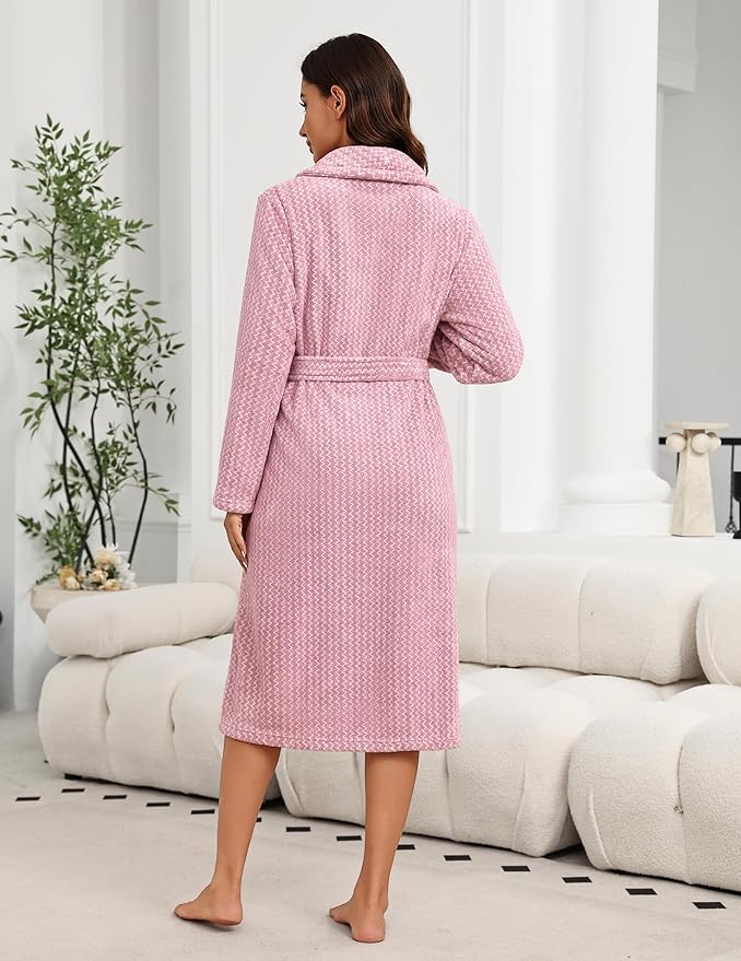 Ekouaer Women's Robe Long Plush Soft Bathrobe Cozy Warm Robes Shawl Collar Sleepwear with Pockets