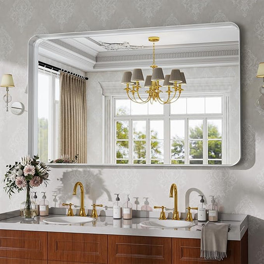 Bathroom Mirrors for Over Sink 30 x 48 Inch Rounded Rectangle Bathroom Vanity Mirror Bathroom Mirror for Wall Hangs Horizontally or Vertically for Living Room Bedroom Entryway Silver