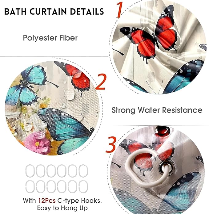 Chrainy 4pcs Flower Butterflies Shower Cutain Set Bathroom Decor with Rugs | Floral Bath Accessories with Waterproof Curtain, Bath Mat, Toilet Lid Cover, U-Shaped Rug and 12 Hooks for Washroom, 71*71in