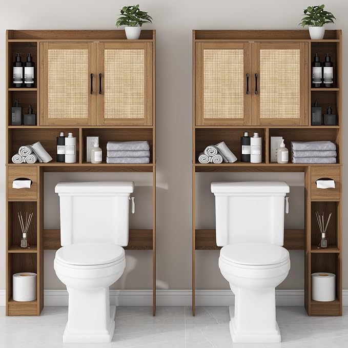 Vabches Over The Toilet Storage Cabinet with 2 Barn Doors, Oak | Farmhouse Storage Cabinet with Toilet Paper Holder Stand,Home Space-Saving Toilet Rack, for Bathroom, Restroom, Laundry