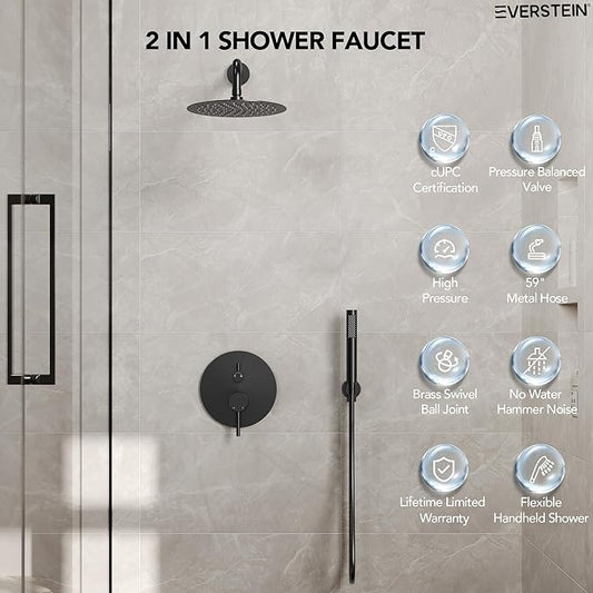10" High-Pressure Rainfall Shower System with Handheld Spray, Wall Mount Bathroom Shower Faucet Set (Matte Black)
