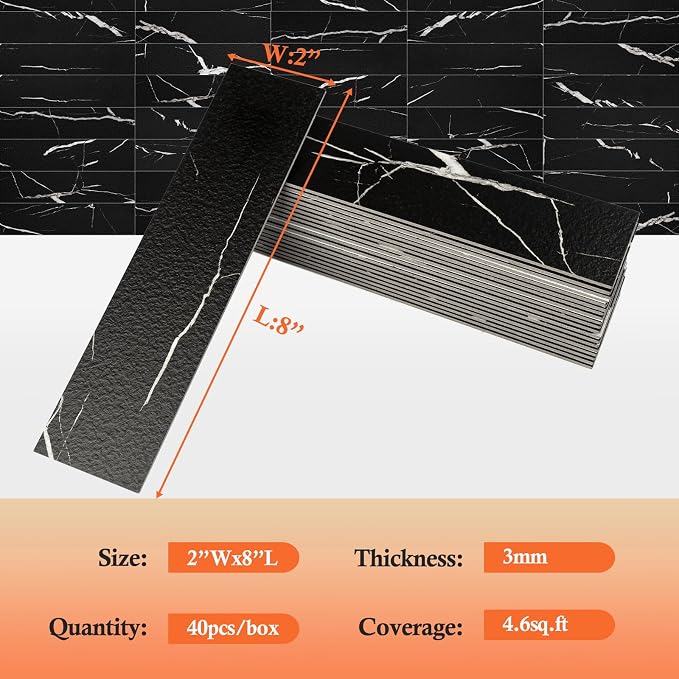80-Piece Black Marquina Peel and Stick Backsplash Tile, 2"x 8" PVC Subway Tiles, Stick on Backsplash for Kitchen/Bathroom/Fireplace