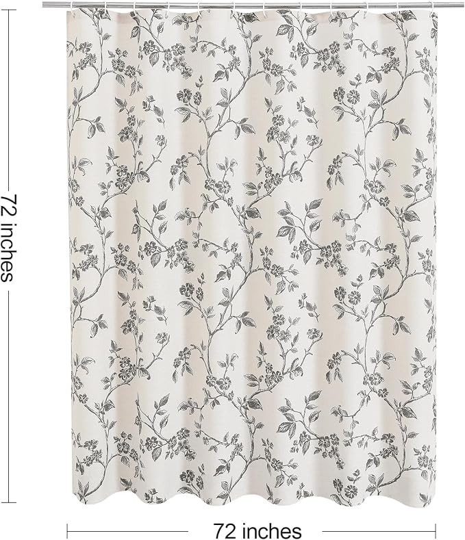 MitoVilla Grey Cotton Floral Shower Curtain for Bathroom, 72 x 72 | Grey BoHo Cottagecore Spring Shower Curtains, Modern Farmhouse Country Plant Leaves Bathroom Décor, 72 x 72
