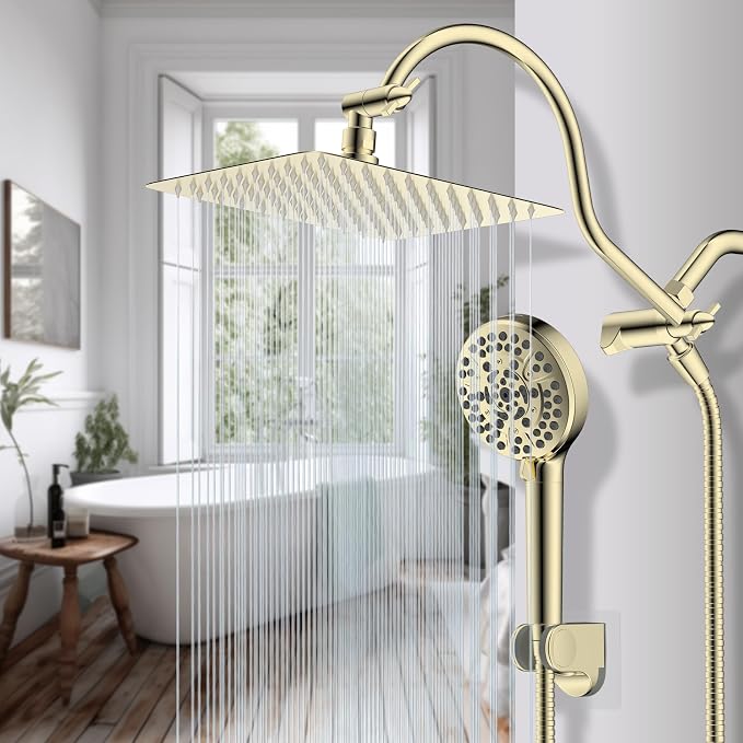 Hibbent All Metal CUPC Certified Shower Head, 10'' High Pressure Rainfall Shower Head, Handheld Showerhead Combo, 12'' Adjustable Extension Arm, 10 Sprays, 71'' Hose, Shower Holder, Polished Brass