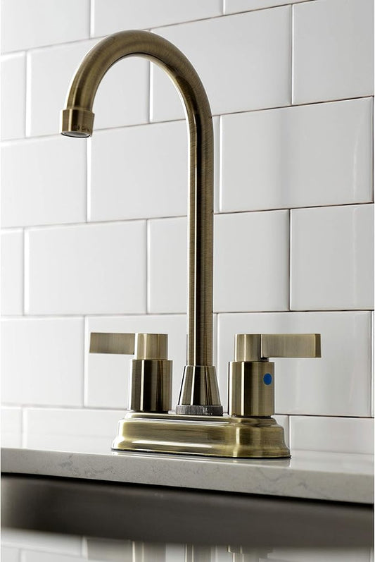 Kingston Brass KB8493NDL NuvoFusion Two-Handle 2-Hole Deck Mount Bar Faucet in Antique Brass