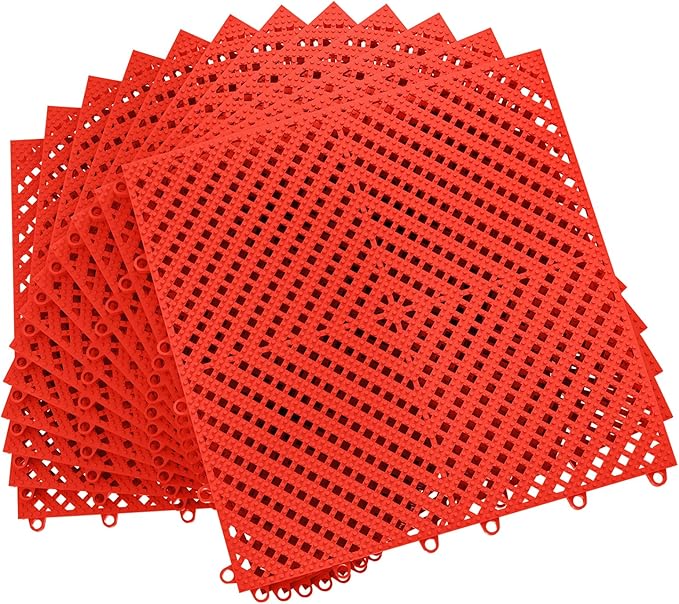 12-Pcs Interlocking Tile, Indoor/Outdoor Drainage Interlocking Floor Tiles 11.8" x 11.8", Anti-Slip Waterproof Soft PVC Splicing Flooring Tile for Garage Patio Pool Bathroom, Red