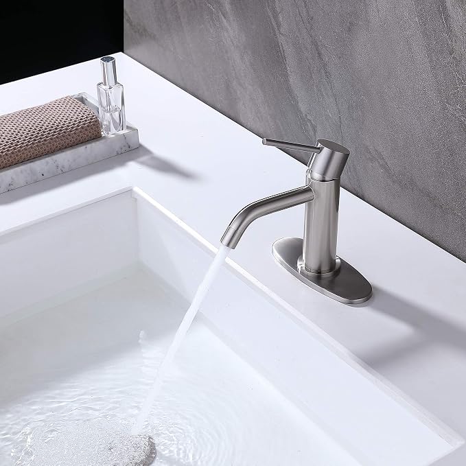 Brushed Nickel Single Hole Bathroom Faucets Single Handle, JXMMP Brushed Bathroom Vanity Sink Faucet with Pop Up Drain Assembly and 6 inch Deck Plate