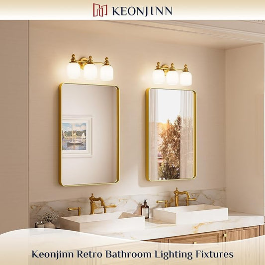 Keonjinn Gold Bathroom Light Fixtures, 3-Light Vintage Vanity Lights for Mirror with Frosted Glass Shades, UL Listed E26 Base(Bulbs Not Included), Reversible Vanity Lighting Fixtures for Bathroom