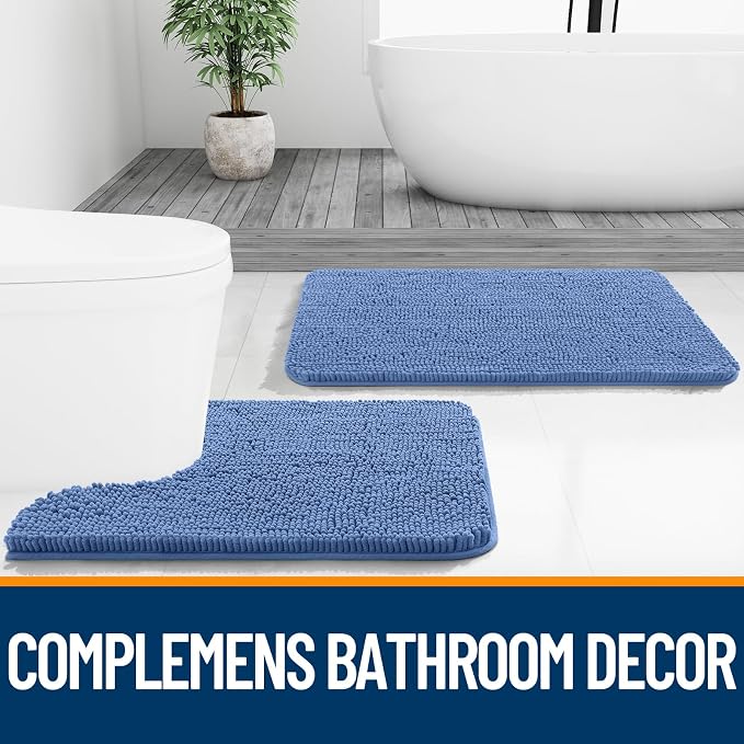 OLANLY Bathroom Runner Rugs 44x24, Soft Absorbent Chenille Bath Rugs, Rubber Backing Quick Dry, Machine Washable Long Bath Mats for Bathroom, Tub and Shower, Home Decor Accessories, Cornflower Blue | Cornflower Blue, Quick-Drying Rubber Backing, Machin...