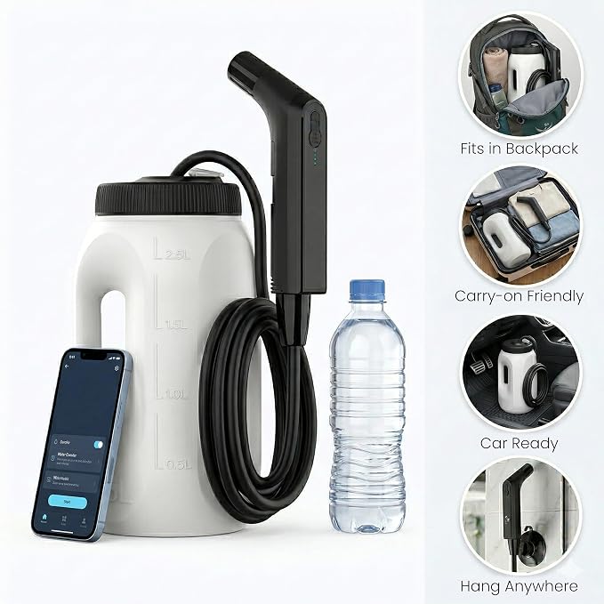 ESSUMAR Portable Bidet for Travel – 2.5L Electric Rechargeable Handheld Bidet Sprayer with 1.2m Hose, 2 Pressure Modes, USB-C, IPX6 Waterproof – Travel Bidet for Women, Men, Postpartum, Camping