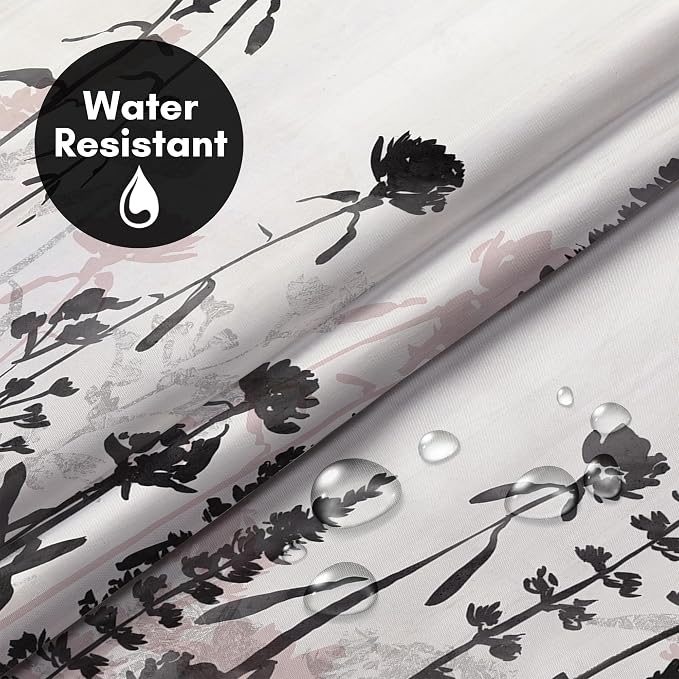 Americanflat 72x75 Hookless Shower Curtain - Water-Resistant Floral Shower Curtain with Sheer Panel, Snap-in Liner, and Grommets - 100% Polyester - Botanical Bathroom Curtains - Black, Pink and White