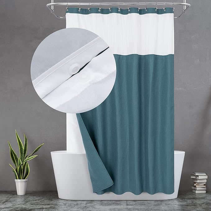 N&Y HOME Waffle Weave Shower Curtain with Snap-in Liner Set 71x72, Teal | 12 Metal Hooks Included, Snap on Fabric Liner, Mesh Window, Washable, Hotel Style Shower Curtain Set for Bathroom
