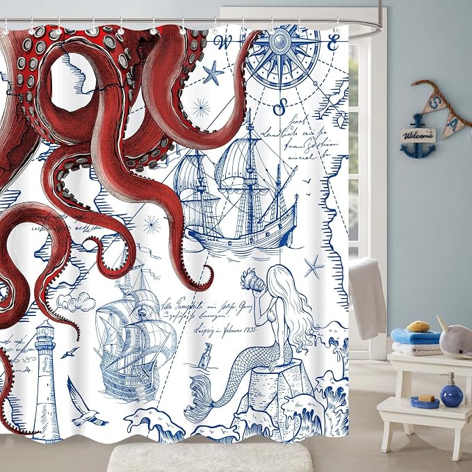 Fungarth Red Nautical Octopus Shower Curtain Navy Blue Mermaid Funny Ocean Kraken Shower Curtains for Bathroom Cool Anchor Coastal Map Waterproof Fabric Bath Curtain Decor with Hooks (Red, 72” x 72”)