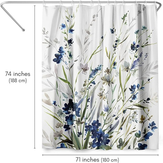 Americanflat 71x74 Floral Shower Curtain - Water-Resistant Long Shower Curtain with Durable Metal Grommets and 12 Hooks - 100% Polyester - Botanical Bathroom Curtains - Blue, Green, Taupe and White