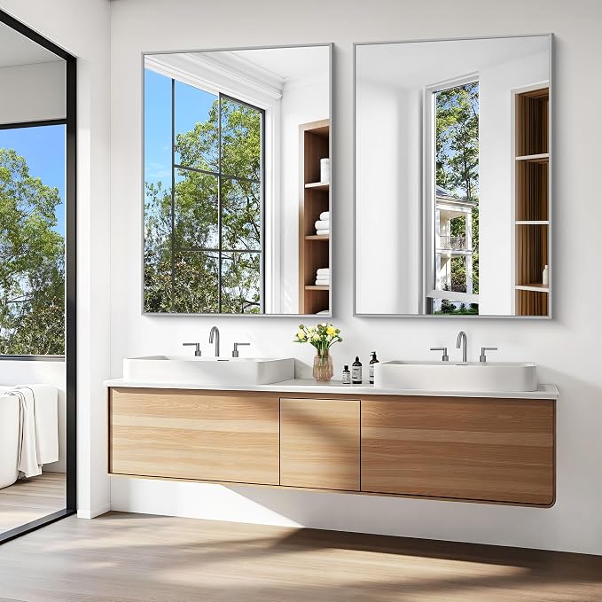KOCUUY Silver Bathroom Mirror, 48"x36" Large Rectangle Bathroom Mirror for Wall, HD Tempered Glass, Anti-Rust Brushed Silver Frame, Modern Design for Bathroom, Bedroom, Hang Horizontal/Vertical