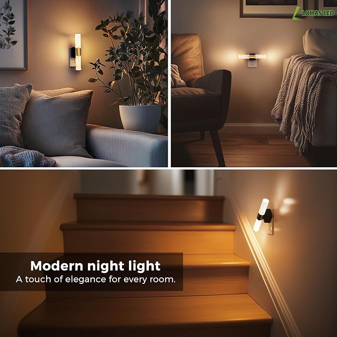 L LOHAS LED Night Light, 2 Pack Night Lights Plug into Wall | 3000K Soft White, 0-100LM Adjustable Brightness, 180° Rotating Plug in Night Light with Auto Light Sensor (Matte White)