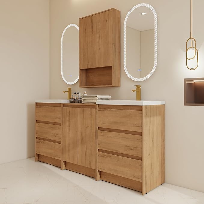 72" Bathroom Vanity Set, 72 Inch Modern Freestanding Vanity with 6 Drawers and 2 Storage Cabinets, Double Resin Sink Floor Stand Cabinet Set Imitative Oak