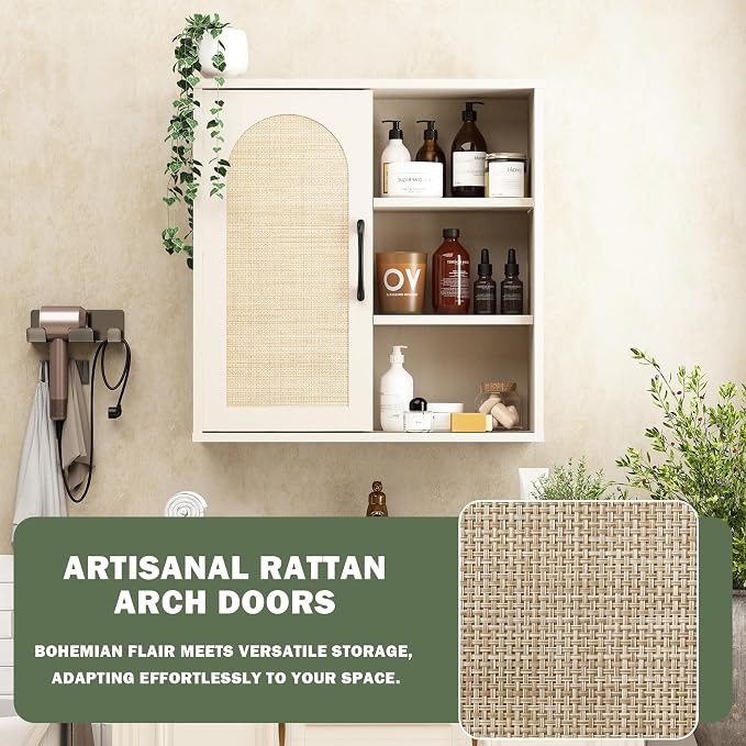 RUSTOWN Boho Rattan Bathroom Wall Cabinet with Sliding Door, Vintage White | Farmhouse Bathroom Cabinet, Adjustable Shelves, Over The Toilet Storage Cabinet, 3-Tier Wall Mounted Cabinets