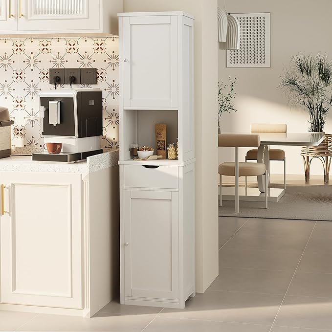 Shintenchi Tall Bathroom Storage Cabinet, Slim Corner Floor Cabinet with Doors and Drawer, Freestanding Narrow Bathroom Organizer with Adjustable Shelves for Small Space, White