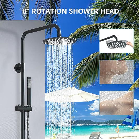 Shower System Matte Black Outdoor Shower Fixtures with 8" Rain Shower Head Handheld Sprayer Single Handle 304 Stainless Steel Wall Mounted Shower Shower Faucet Combo for Bathroom or Backyard