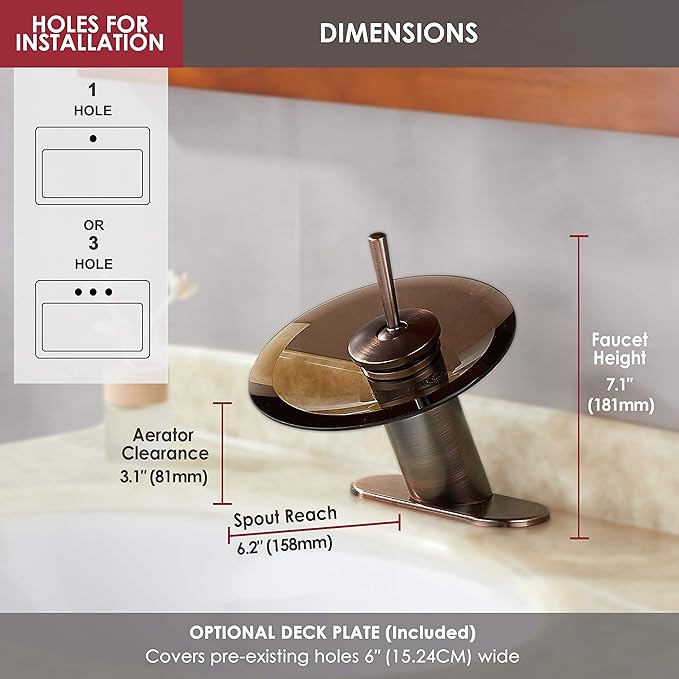 Waterfall Bathroom Sink Faucet Unique Brass Modern Circle Glass Waterfall Faucet for Basin Vanity Single Hole Pedestal Sink Faucets One Handle Corner Sink Bathroom Faucet, Oil Rubbed Bronze