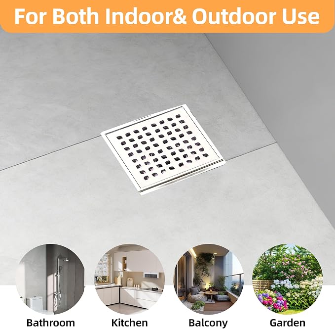 6-Inch Square Shower Drain Kit with Bonding Flange, Brushed Silver | Removable 304 stainless steel grate with hair strainer; fits 2- and 3-inch pipes for tiled shower floors and wet areas
