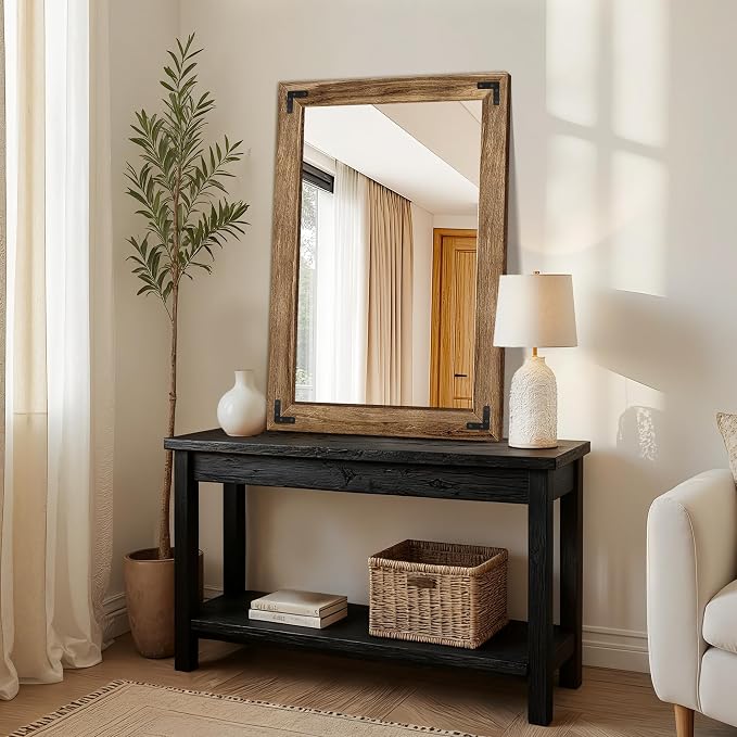 Bathroom Mirror for Wall, 26" x 38" Wooden Vanity Mirror | Solid Wood Frame, Rustic Farmhouse Style, Shatterproof Glass, for Bedroom, Living Room, Entryway Decor, Vertical/Horizontal