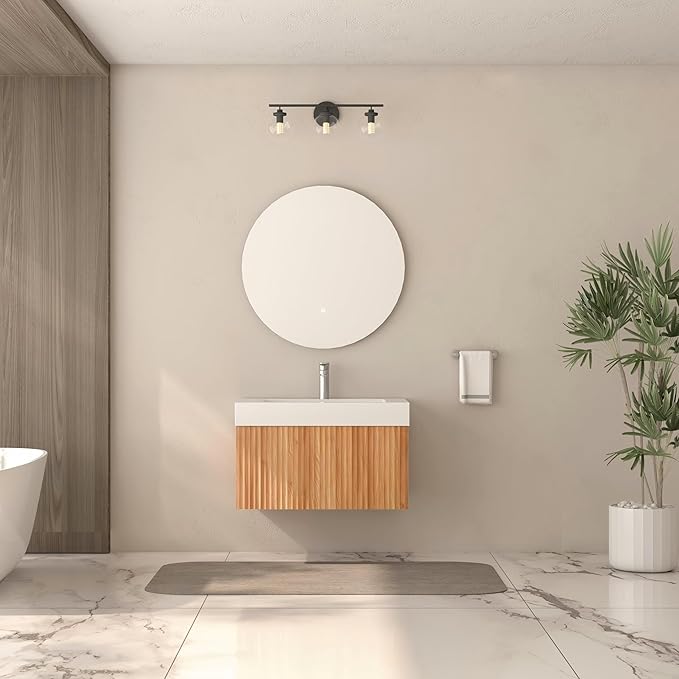 Floating Bathroom Vanity with Sink, Nature Soild Wood Cabinet with Ceramic Basin, Extra Large Storage Drawer & Pre-Assembled Vanities for Bathroom, Powder Room (Nature C Style, 30“)