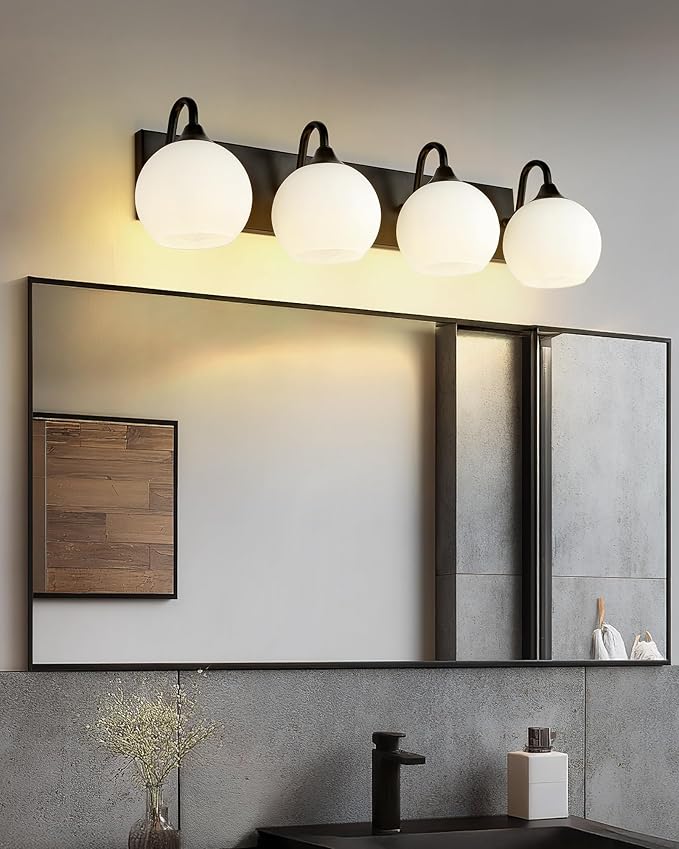 Emak 29 Inch Black Vanity Lights with Milk Glass Shade, 4-Light Bathroom Light Fixtures Over Mirror, Modern Farmhouse Globe Wall Sconces for Bathroom, Mirror, VL118-BK-ML-4