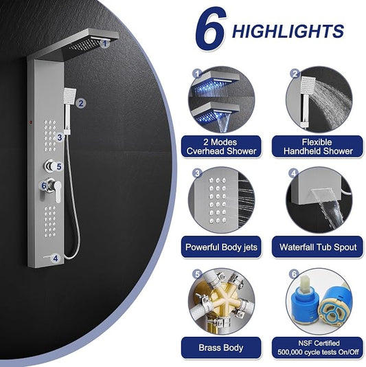 ROVATE 5 in 1 LED Rainfall Waterfall Shower Panel Tower System, Brushed | High Pressure Stainless Steel Shower Column with Tub Spout, Powerful Body Jets, Flexible Handheld, Brass Mixing Valve Body