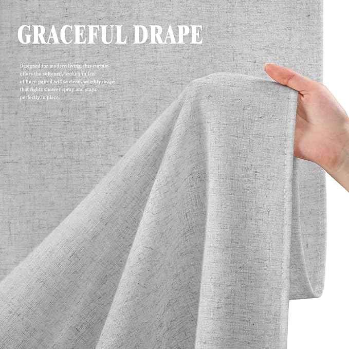 Linen Shower Curtain Grey, Fabric Boho Farmhouse Shower Curtains for Bathroom Cotton Natural Cloth Liner Set 72" W x 72" L