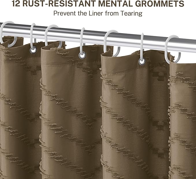 Siiluminisoy Extra Long Boho Shower Curtain, Woven Fabric 84 in Khaki, 72 x 84, Tufted Chevron Striped Modern Chic Textured Minimalist Bathroom Shower Curtain