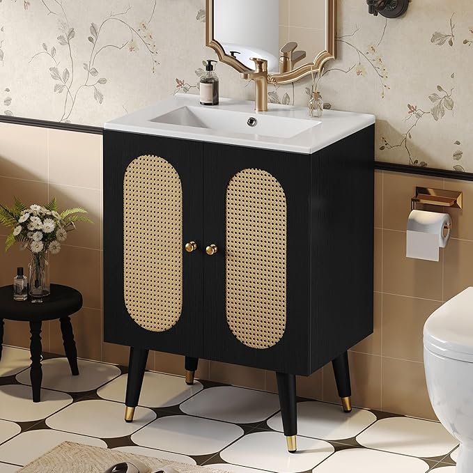 DWVO 24 Inch Rattan Vanity with Sink, Small Freestanding Bathroom Vanity Cabinet, Boho Style with 2 Large Soft-Closing Doors & Four-Sided Water Barrier Strip, Black