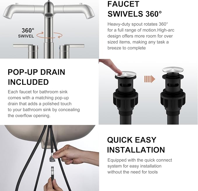 Brushed Nickel Pull Down Centerset Bathroom Faucet 2 Handle 3 Hole | Pull Out Bathroom Faucet with Pop Up Drain & Supply Lines, Lead-Free cUPC & NSF Certified, 4 Inch Faucet for Vanity RV Sink