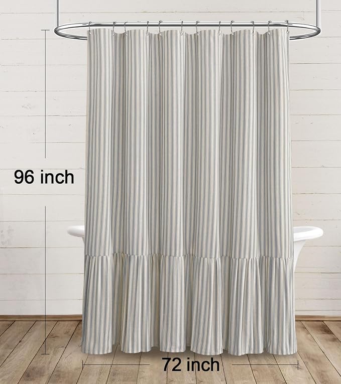 Farmhouse Shower Curtain Ruffle Linen Cream-Grey Stripe 72"W x 96"L | Farmhouse Boho, Striped, Bottom Ruffle, Linen Fabric, Rustic, Country, Natural Look, Washable, for Bathroom Bathtub